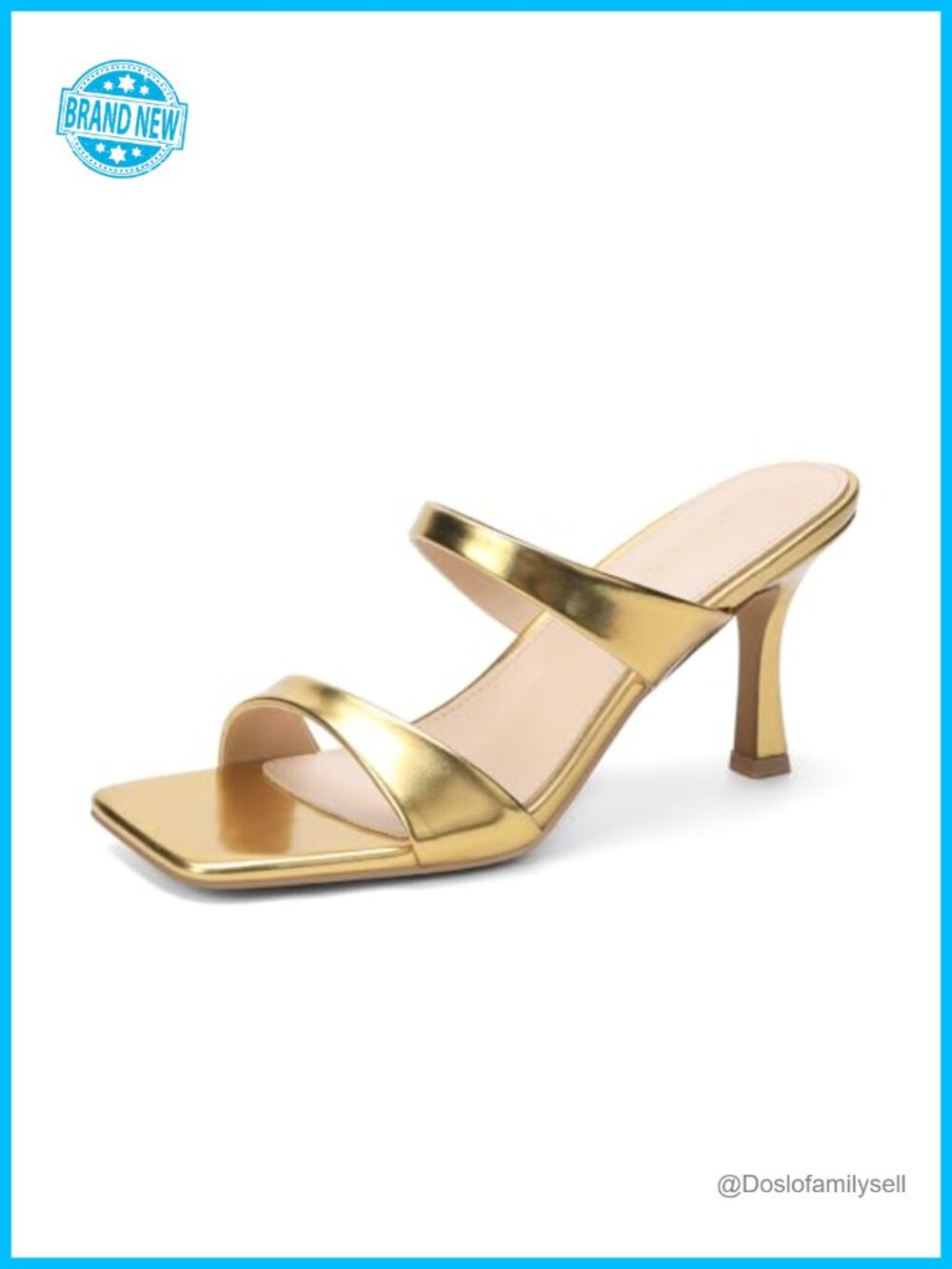 Women's Kitten Heel Square Toe Slip On Sandals Two Strap Heeled